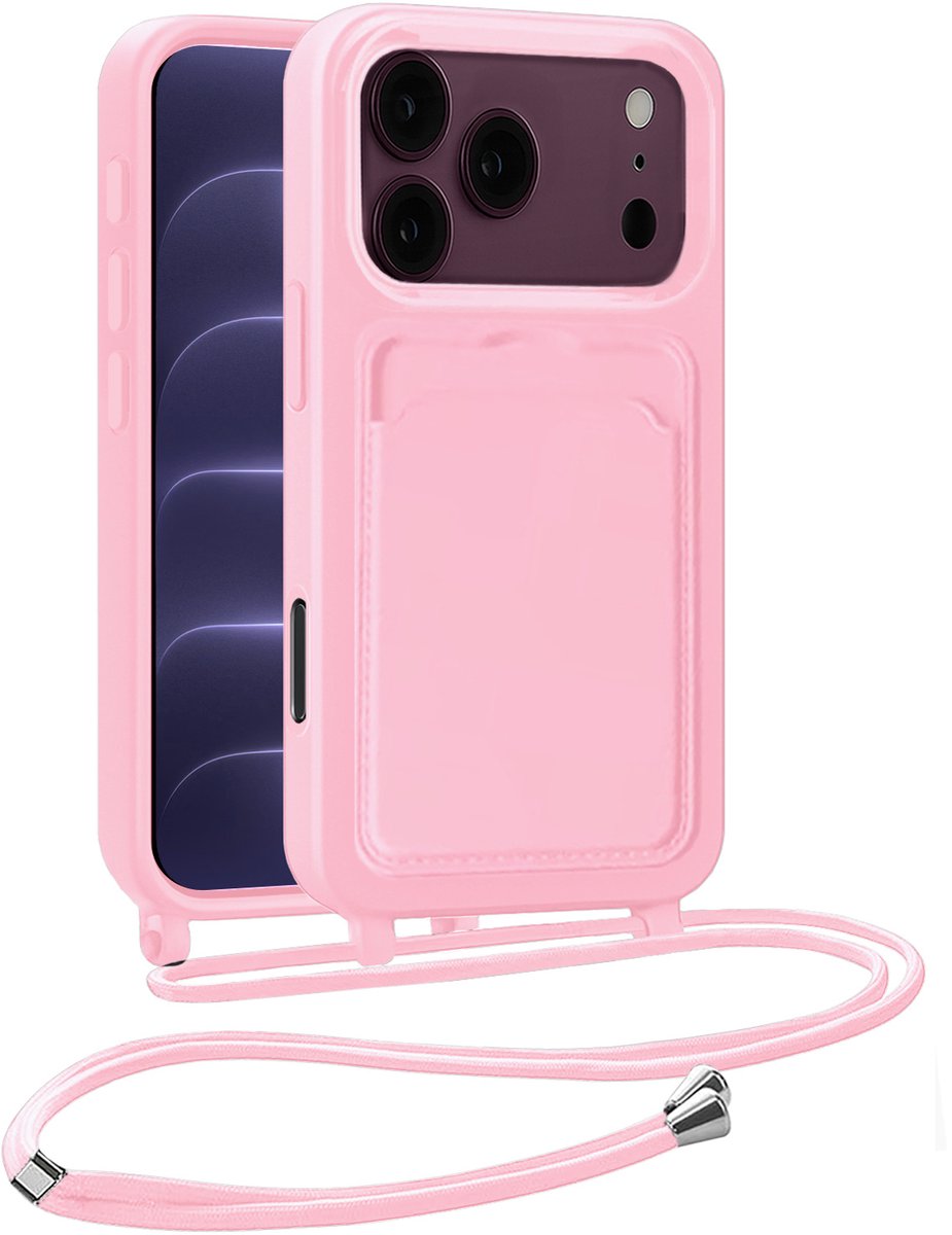 Hoesje Geschikt voor iPhone 18 Pro Max Hoesje Siliconen Case Met Koord - Hoes Geschikt voor iPhone 18 Pro Max Hoesje Backcover Met Telefoonkoord - Telefoonhoes - Lichtroze