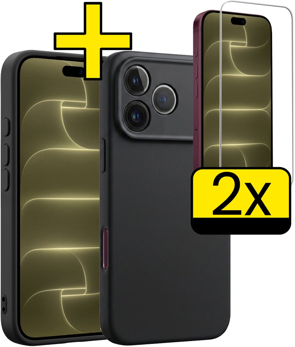 Hoesje - Met 2x Screenprotector - Geschikt voor Apple iPhone 18 Pro - Sterk & Shockproof - Back Cover - Siliconen Case - Telefoon Hoes - Telefoonhoesjes - Zwart