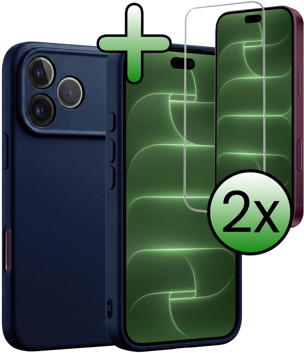 Hoesje Met 2x Screenprotector - Geschikt voor Apple iPhone 18 Pro - Sterk & Shockproof - Back Cover - Siliconen Case - Telefoon Hoes - Donkerblauw