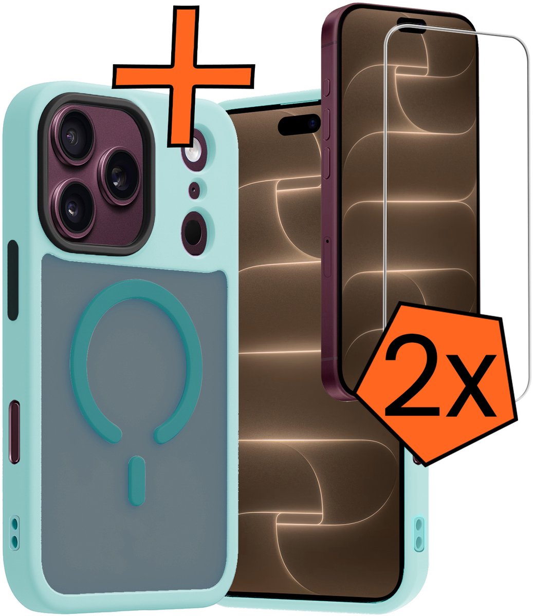 Hoes - Met 2x Screenprotector - Geschikt voor Apple iPhone 18 Pro - Magsafe Compatible - Sterk & Shockproof - Back Cover - Shock Proof Case - Telefoon Hoes - Lichtblauw