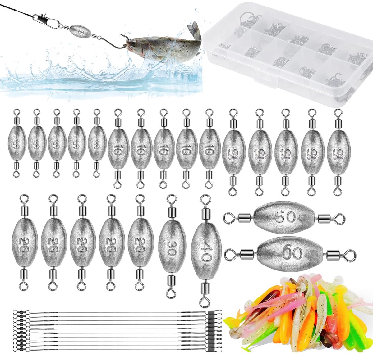 134 stuks visloodset, olijfvorm, dropshot, lood, vissen, loodgewichten, vissen met wervels, gel-gewichten, kit - ShopVlot