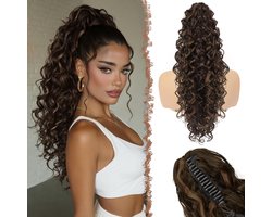 FESHFEN Long Curly Ponytail Extension - Mixed Brown Ponytails with Klamma Natural Synthetic Hairpieces Wavy Ponytail - ShopVlot