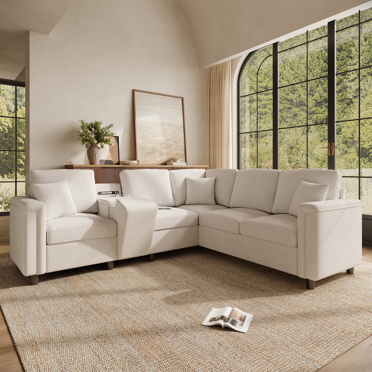 OKWISH Hoekbank 235 X 208 X 83 Cm - 5-Zits Met Opbergruimte, Bekerhouders, USB, Type-C En Leeslamp - Chenille - Beige