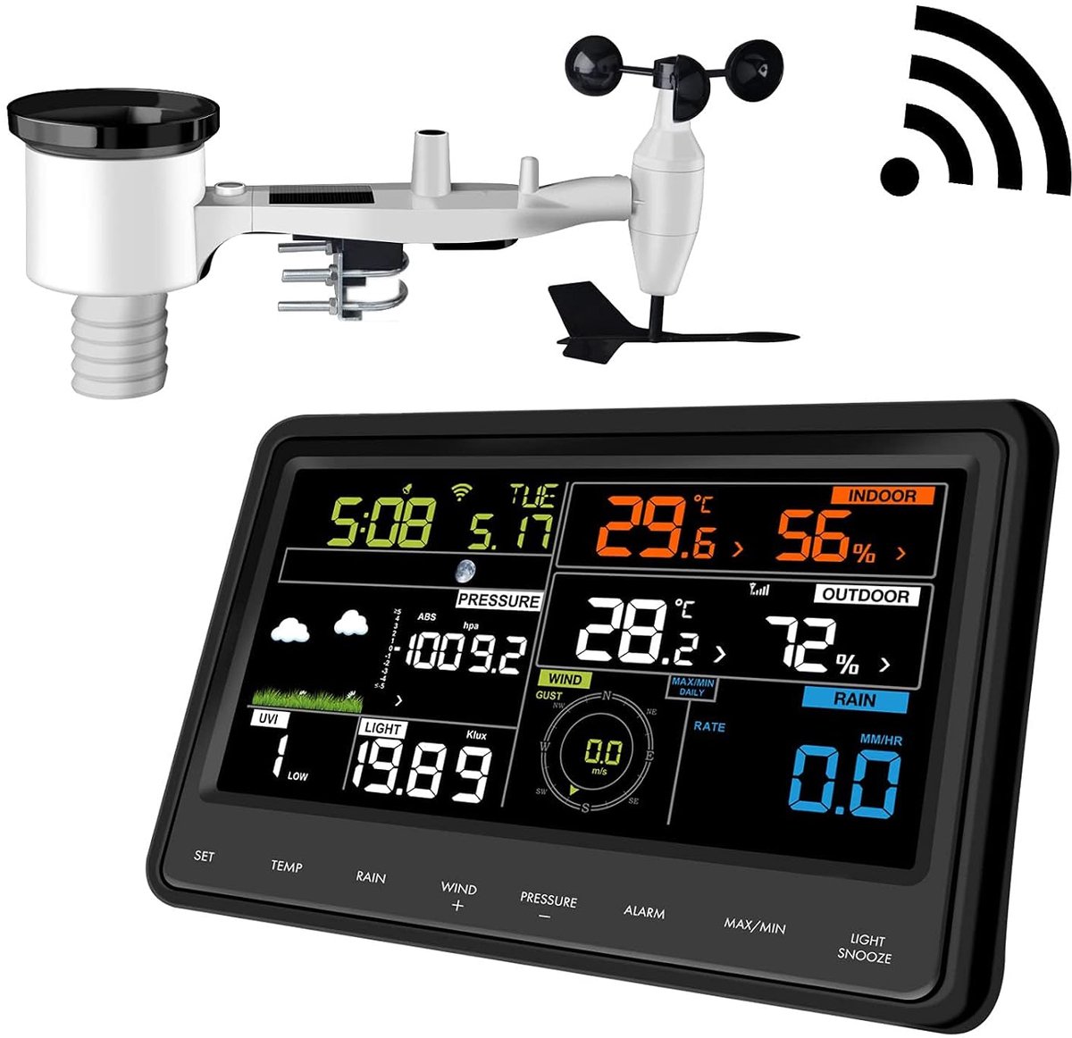 Weerstation met groot kleurenscherm en 7-in-1 sensor, wifi-connectiviteit, zonne-energie, binnen- en buitengebruik, 868 MHz - Industrohome