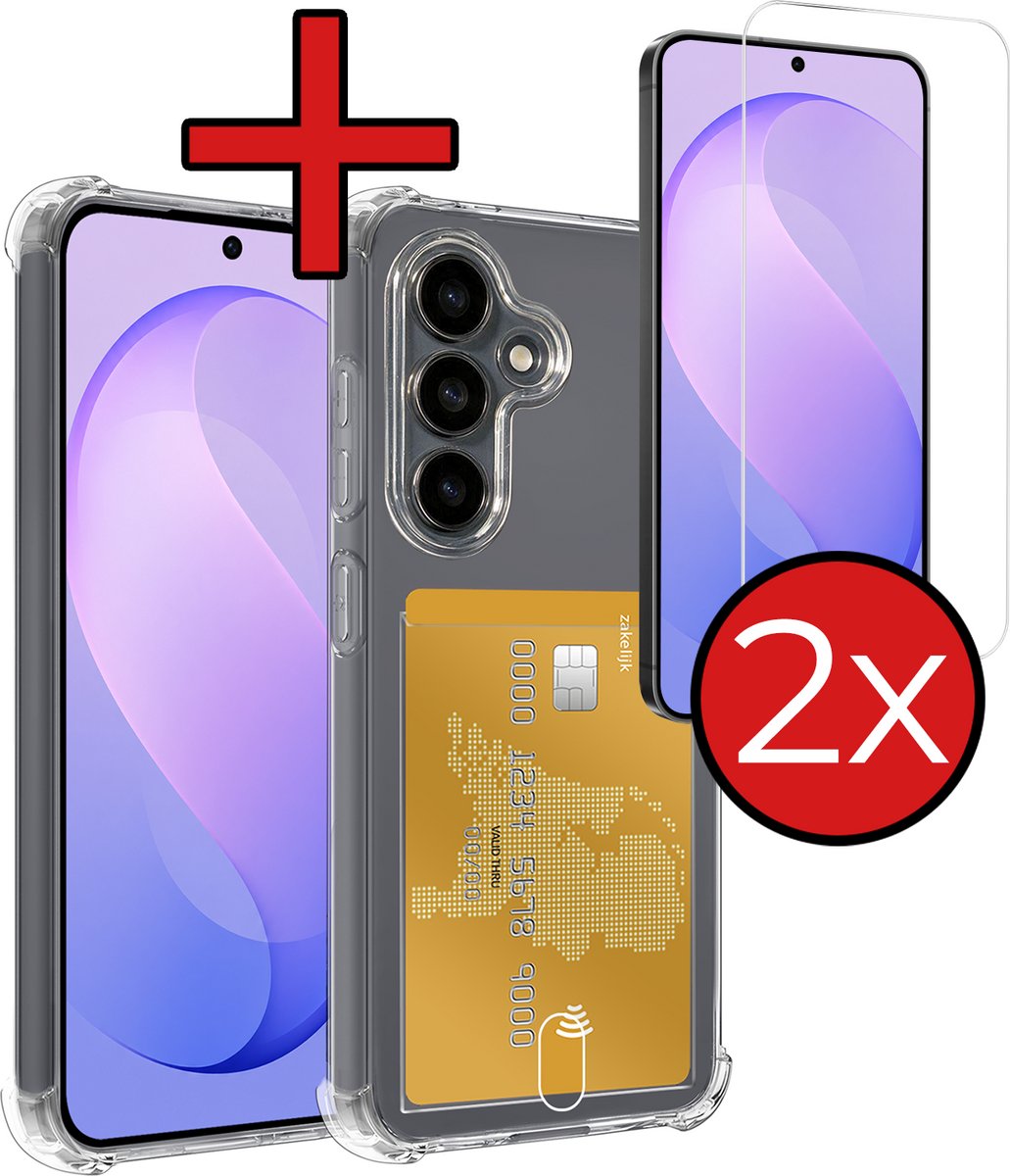 Hoesje - Geschikt voor Samsung Galaxy S26 FE - Met 2x Screenprotector - Pashouder - Kaarthouder - Back Cover - Telefoon Hoes Shockproof - Siliconen Case - Shock Proof - Pasjes Houder - Telefoonhoes - Transparant