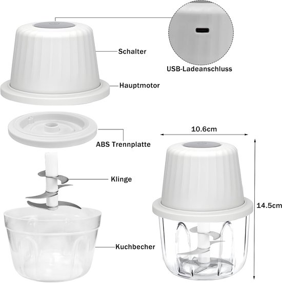 Elektrische uiensnijder, uienhakmolen, groentehakmolen, mixer, multifunctionele hakmolen, 400 ml, werkcontainer met type C-oplaadkabel voor vlees, uien, knoflook, noten (wit) — afbeelding 5