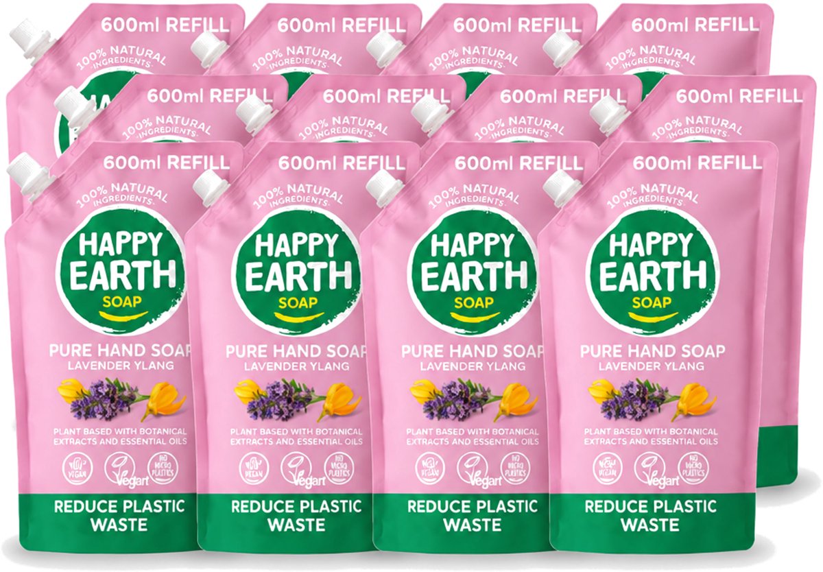 12 x Happy Earth – Handzeep Navulling – 100% Natuurlijk Lavender Ylang – 600 ml - Voordeelverpakking - 12 stuks