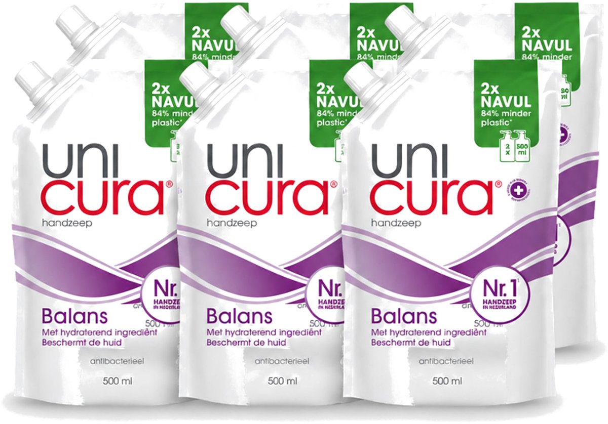 6 x Unicura – Vloeibare Handzeep Navulling – Balans – 500 ml - Voordeelverpakking - 6 stuks