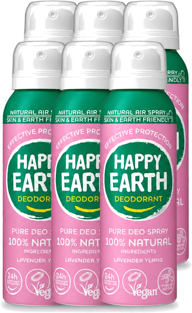 6 x Happy Earth – Deodorant Spray – 100% Natuurlijk Lavender Ylang – 100 ml - Voordeelverpakking - 6 stuks