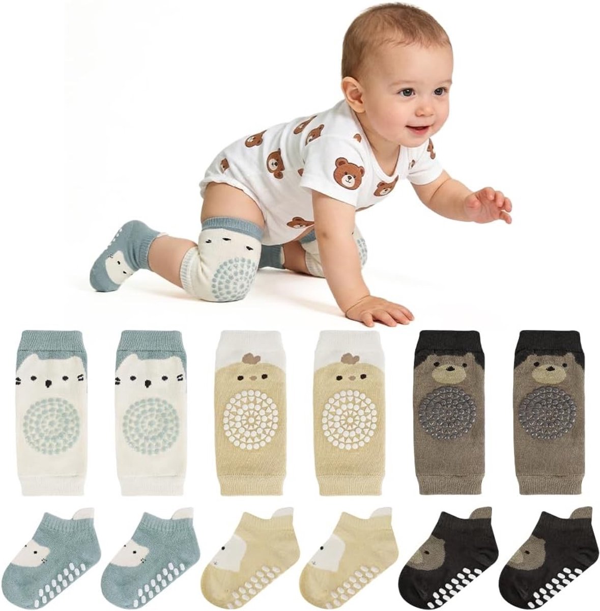 Crawlsokken voor Baby's met Kniebeschermers, 3 Paar Antislip Sokken voor Kinderen 0-12 Maanden