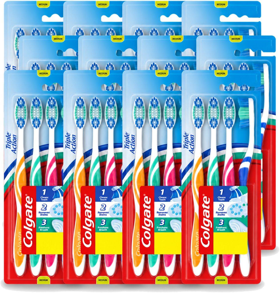 12 x Colgate - Tandenborstels - Triple Action - Medium - 4 borstels - Voordeelverpakking - 12 stuks
