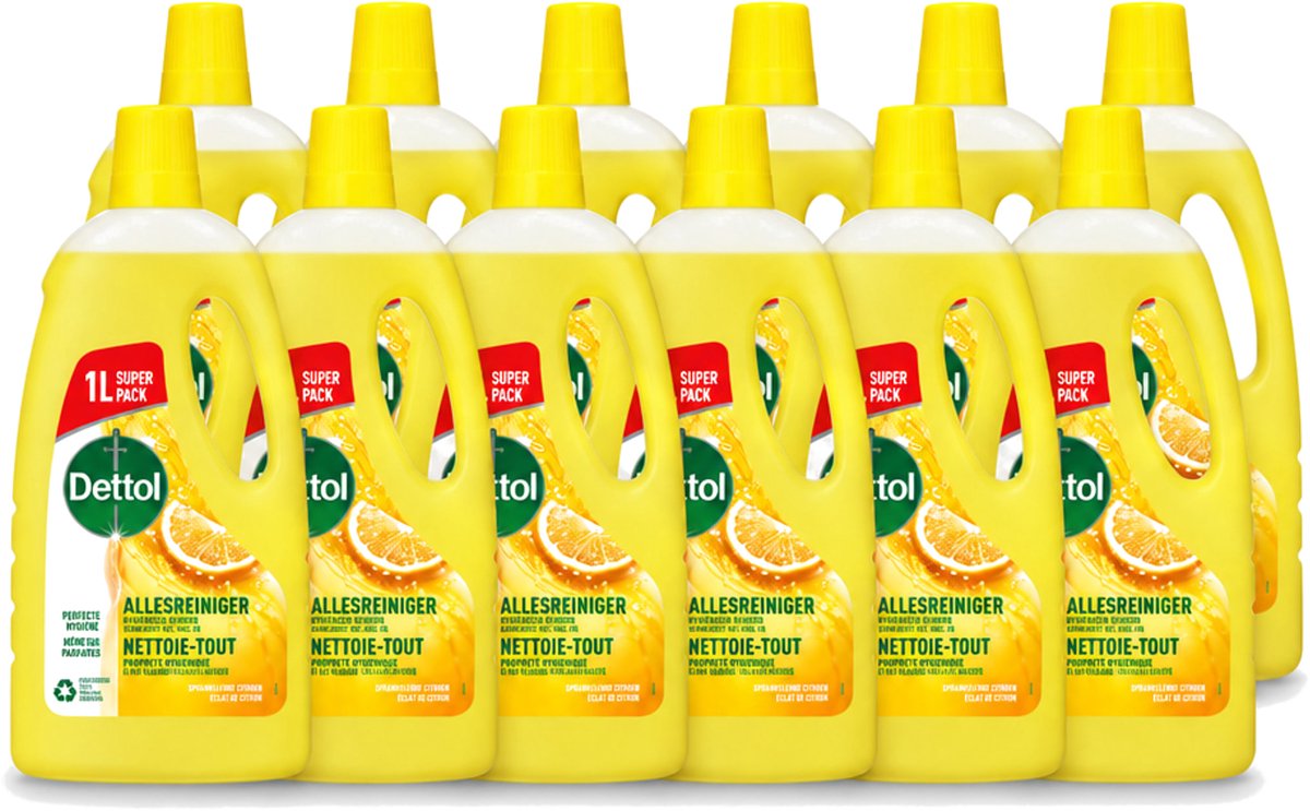 12 x Dettol - Allesreiniger - Citroen - Hygiënisch Schoon - 1 liter - Voordeelverpakking - 12 stuks