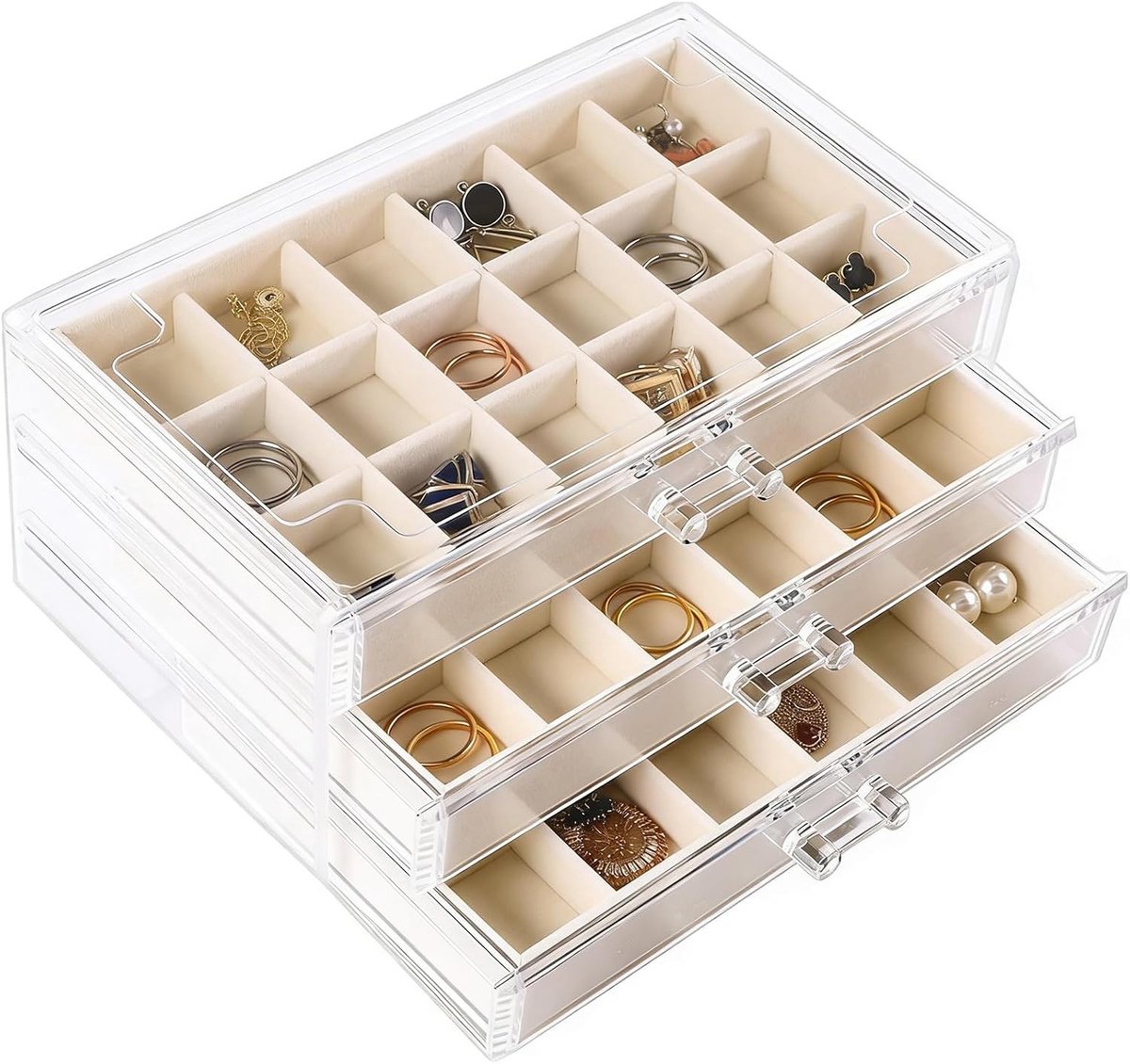Sieraden Organizer met 3 Lades, Transparante Opbergdoos voor Oorbellen en Ringen, Perfecte Sieradenopslag voor Vrouwen