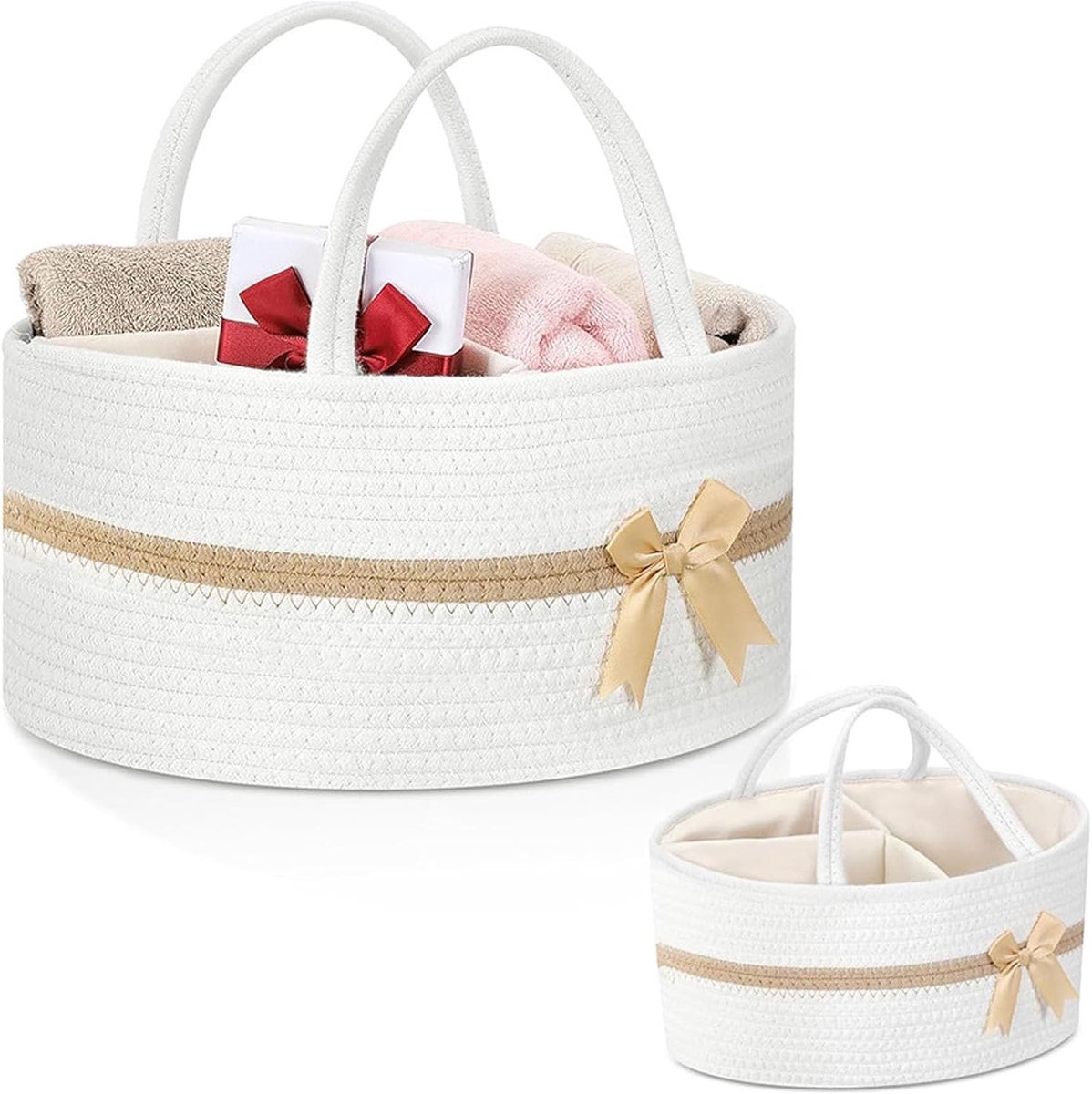 Organiser voor Luiers, Handige Luiertas met Compartimenten en Handvatten, Draagbare Katoenen Opbergmand voor Baby, Perfect als Kraamcadeau en voor Verzorging van Pasgeborenen