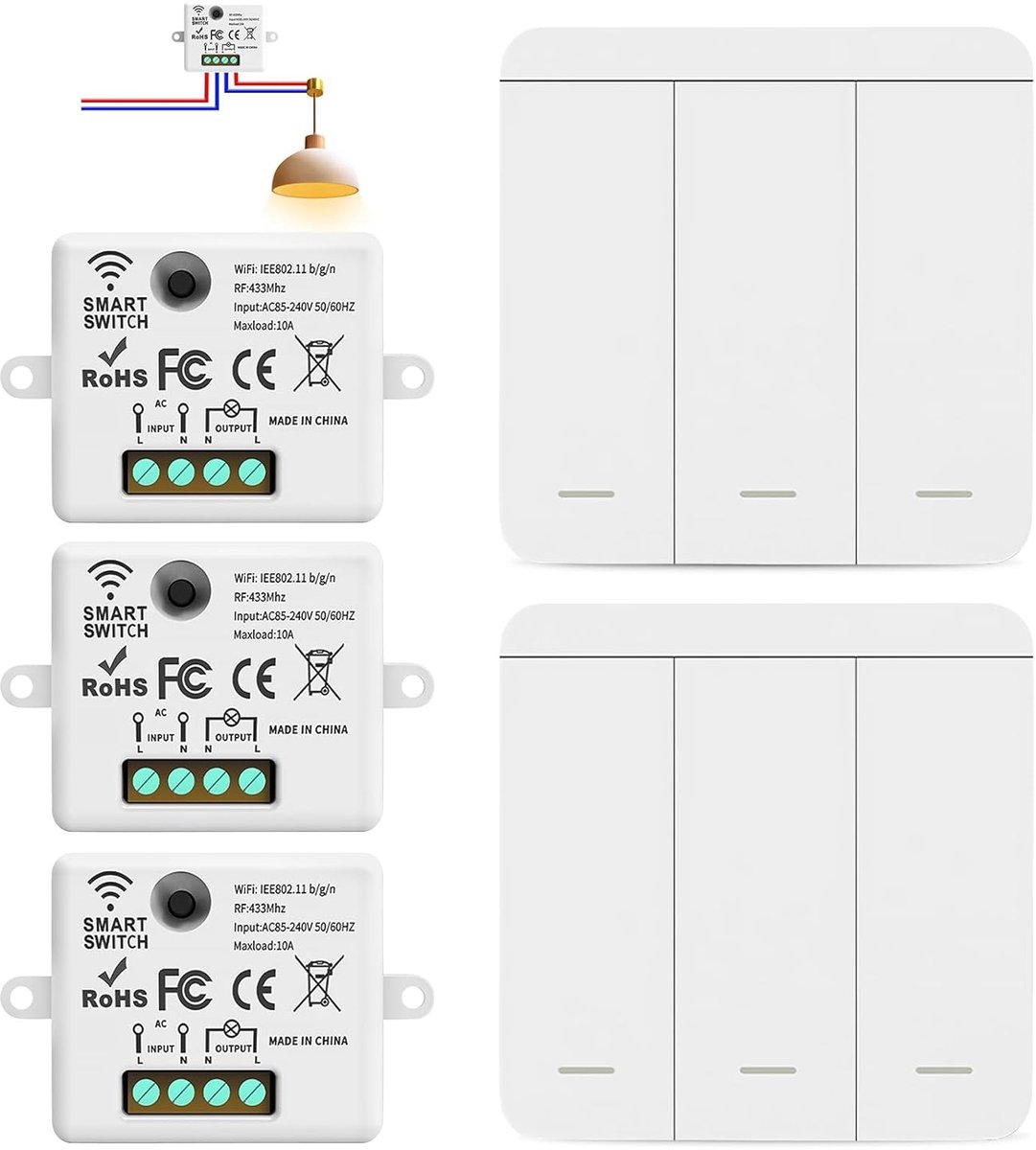 Draadloze Lichtschakelaar Set 10A - RF433 Technologie - Eenvoudige Installatie - Voor Lampen tot 1000W - ShopVlot
