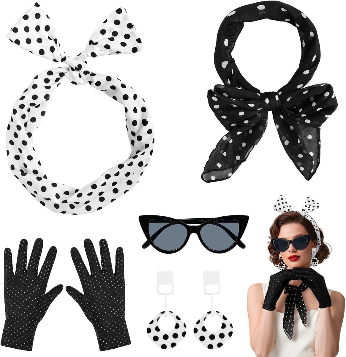 Retro 50s Kostuumaccessoires Set met Cat Eye Bril, Dotted Bandana, Hoofdband, Oorbellen en Handschoenen voor Vrouwen, Perfect voor Feestjes en Thema-avonden