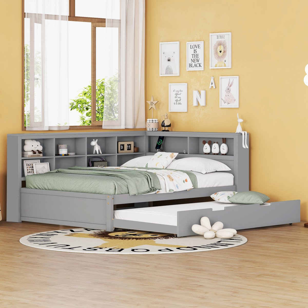 WUVRIE Slaapbank 140x200 cm met uitschuifbed 90x190, USB-aansluiting en opbergvakken, grijs