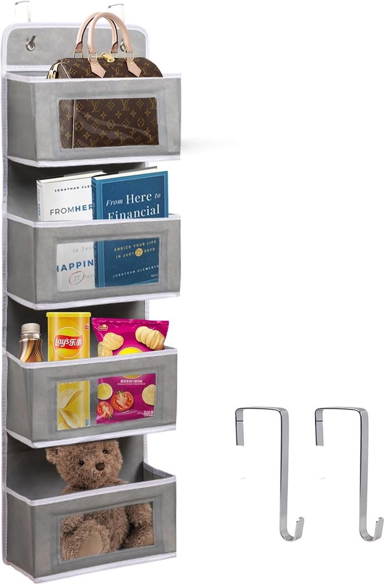 Hanging organizer met grote opbergzakken voor badkamer en slaapkamer, wandopslag voor speelgoed en tijdschriften met doorzichtige vensters en 2 metalen haken