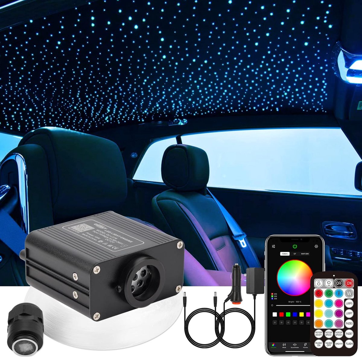 CHINLY starry sky car fiber light for car/ceiling, 16W Twinkle 200pcs*0.75mm*2m Bluetooth RGBW APP/Remote LED starry - ShopVlot