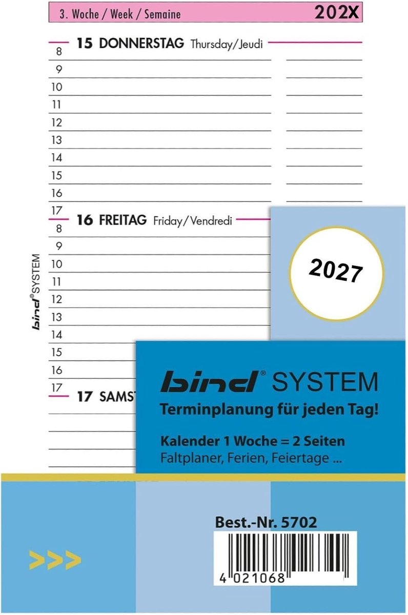 SnelShoppen - Kalenderinleg A7 voor Weekkalender 2027, 1 Week / 2 Pagina's, Tijdindeling 8-17u, Drie Talen, Wit Papier, Voor Bind-Systeemplanner