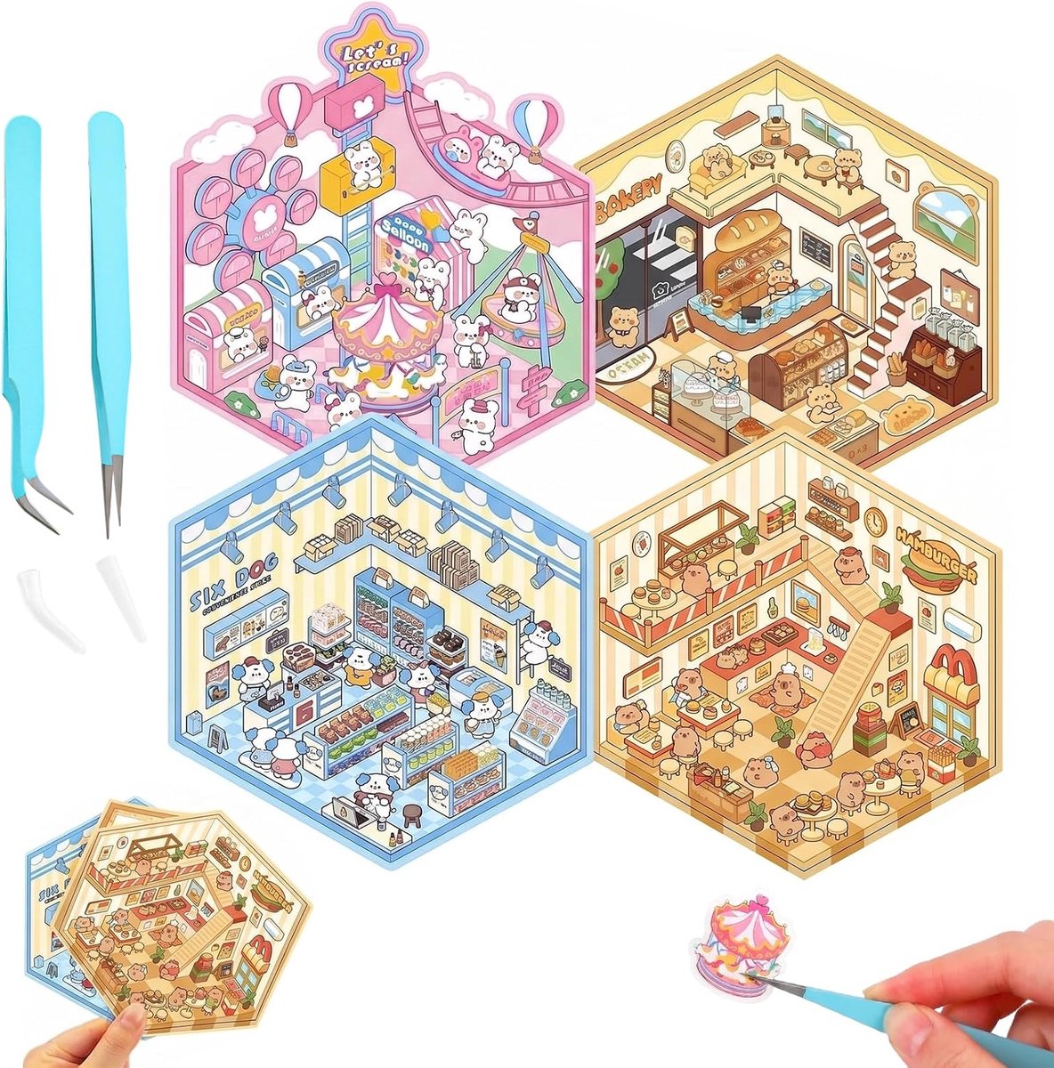 Set van 4 3D-stickers voor miniatuurscènes met pincet, creatieve knutselset voor kinderen en volwassenen, esthetische - ShopVlot