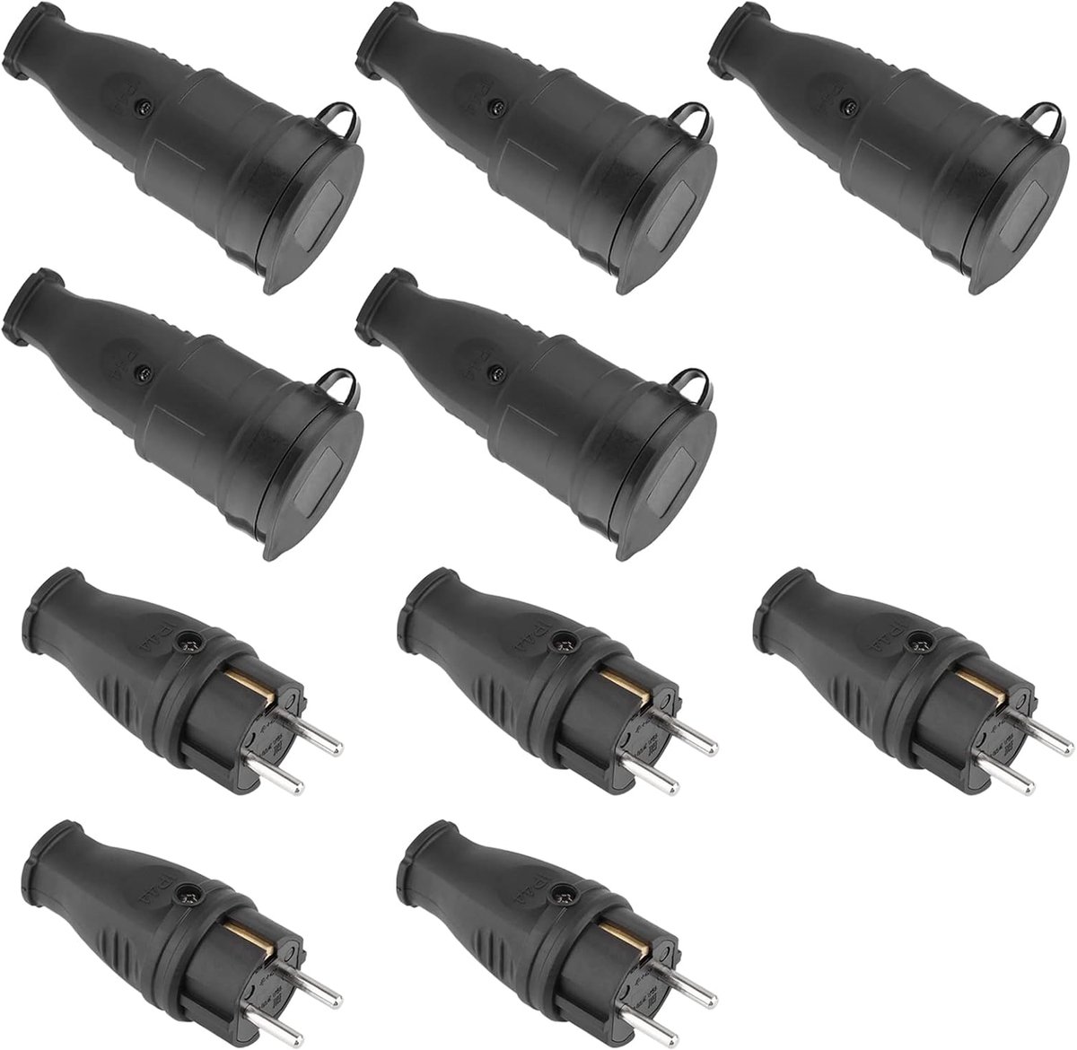 Stekkers en stopcontacten voor buiten - Stekkers en stopcontacten van massief rubber met Schuko-connectoren - 5 mannelijke en vrouwelijke pinnen - IP44 spatwaterdicht - 230V 16A - Zwart