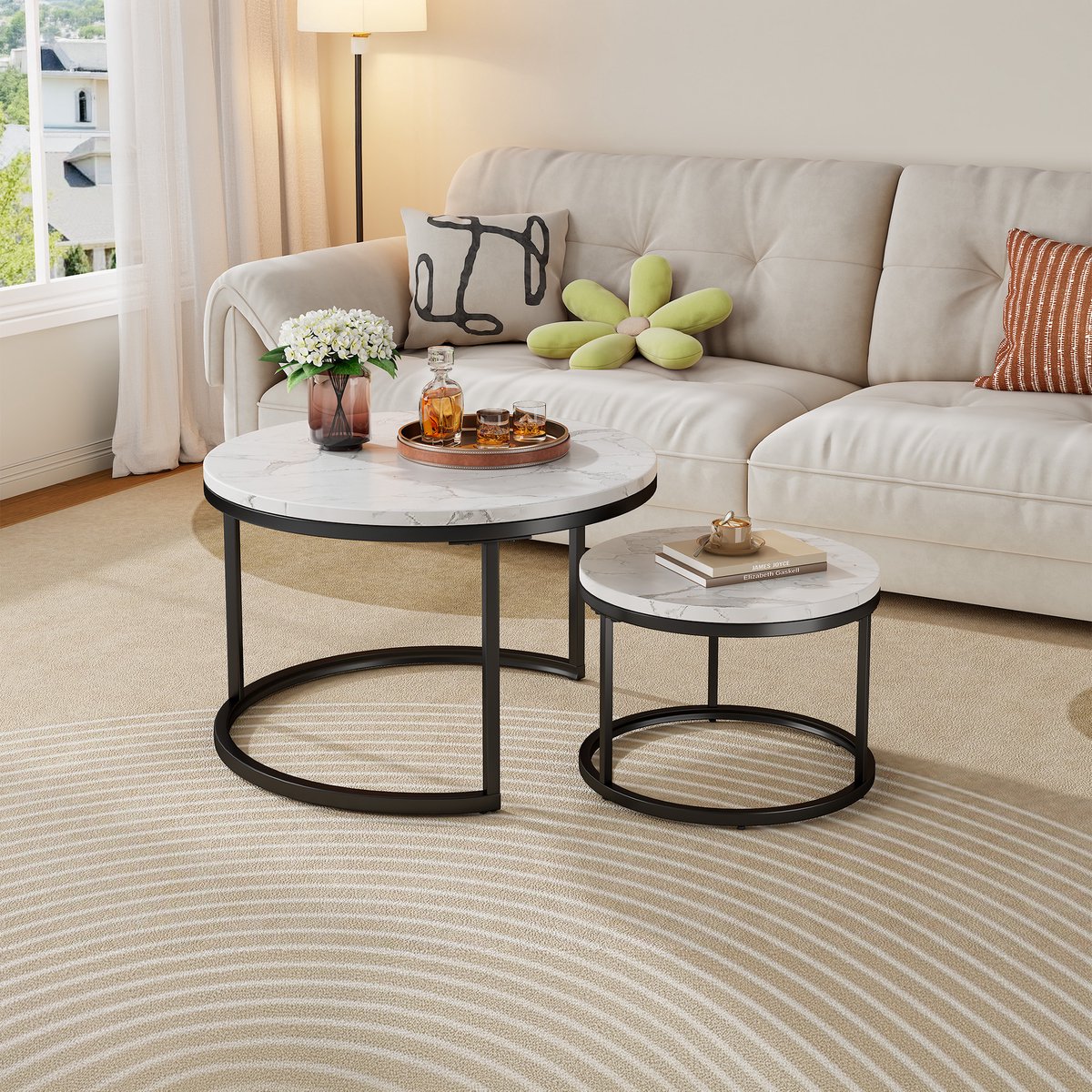 MIVRAY Salontafel – Set van 2 – Stapelbaar – Voor Woonkamer – 70 x 70 x 45 / 45 x 45 x 37 cm – Metaal en MDF – Zwart en Wit Zwart+Wit