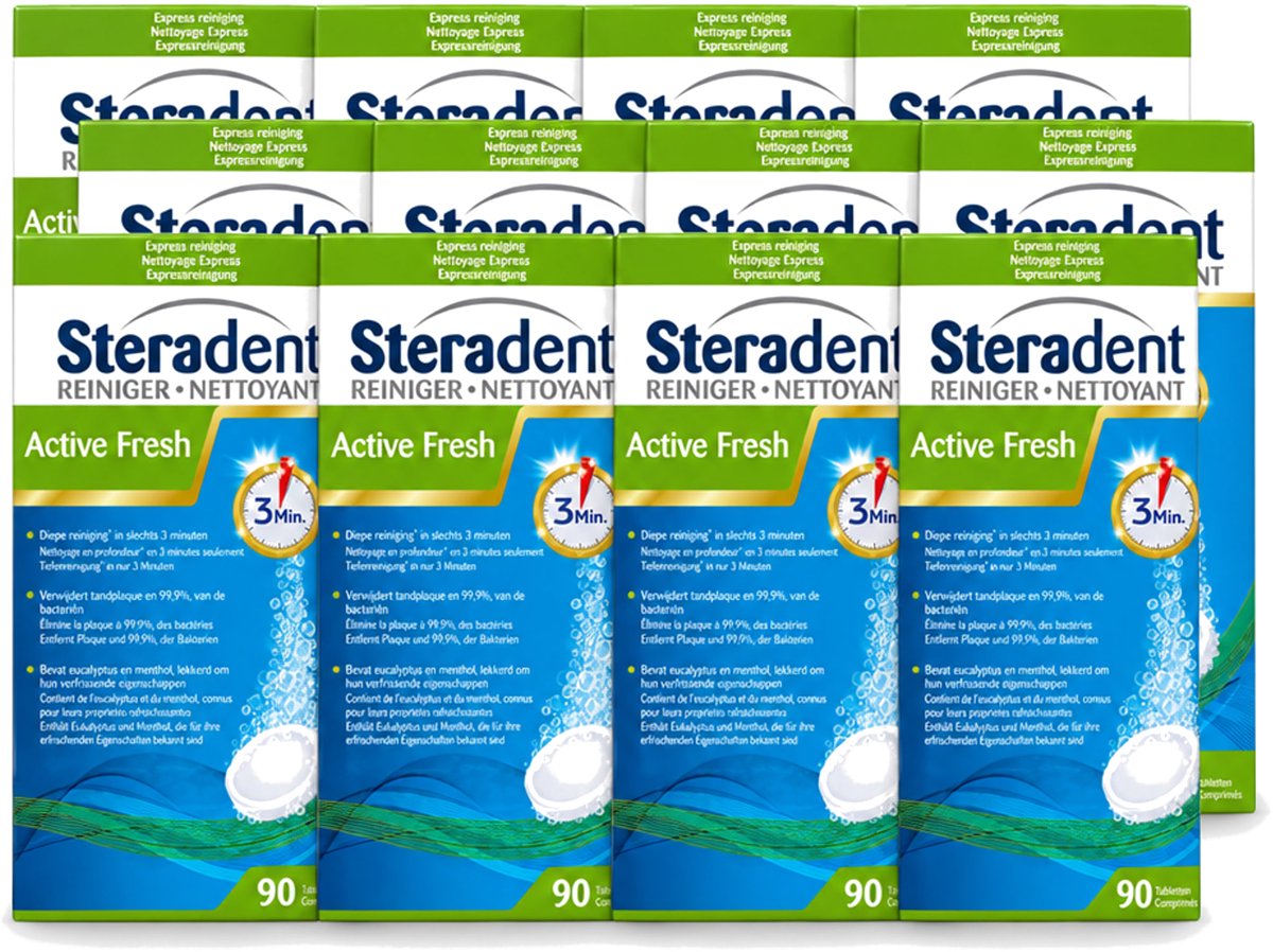 12 x Steradent - Kunstgebitreiniger - Active Fresh - Menthol En Eucalyptus - 90 Tabletten - Voordeelverpakking - 12 stuks