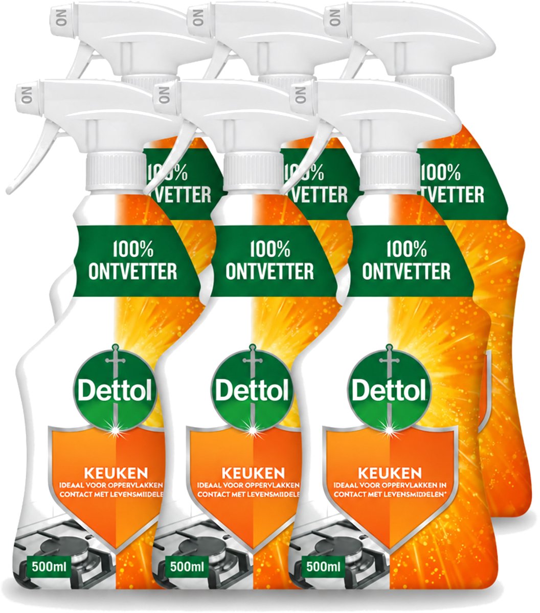 6 x Dettol - Allesreiniger - Spray - Power Keuken - 100% Ontvetter - 500ml - Voordeelverpakking - 6 stuks