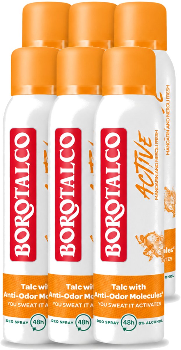 6 x Borotalco - Deodorant Spray - Active - Mandarin & Neroli Fresh - 0% Alcohol - 150 ml - Voordeelverpakking - 6 stuks