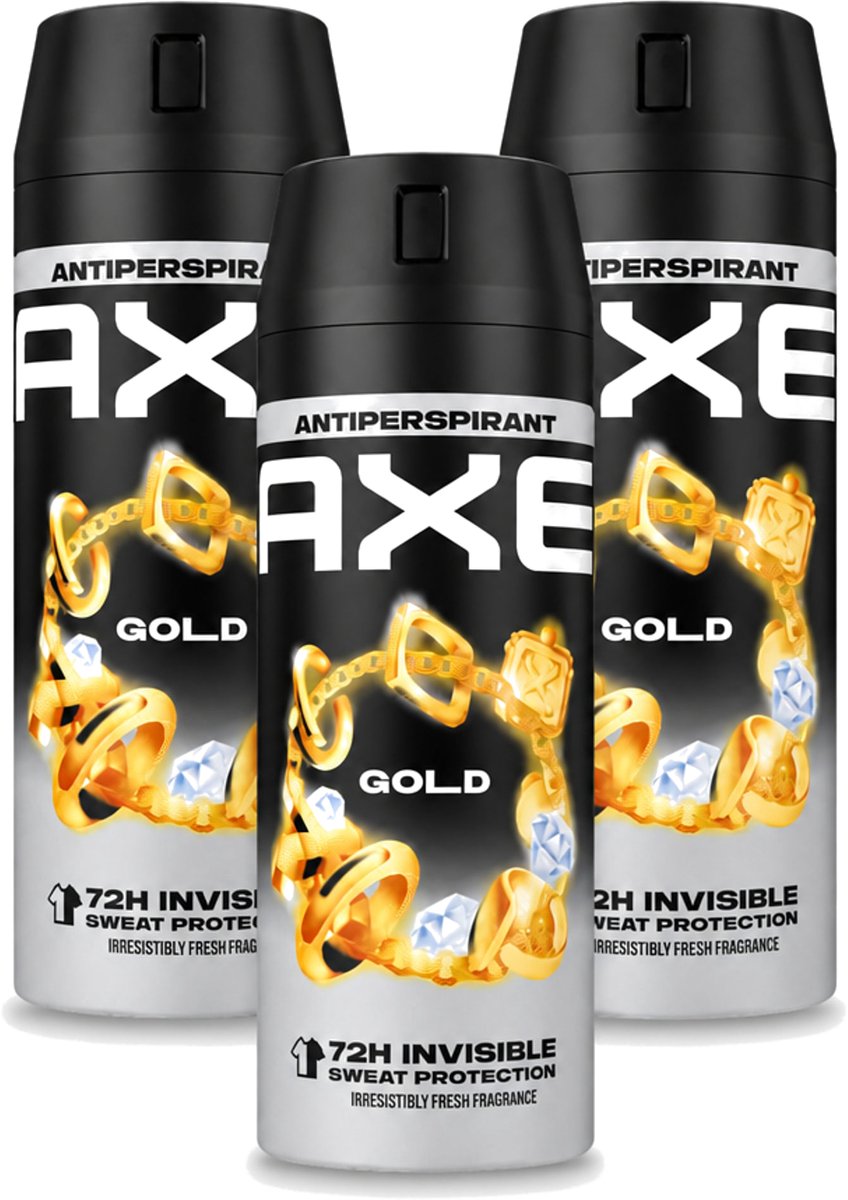 3 x Axe - Deodorant Spray - 72hrs Anti Sweat - Anti White Marks - Gold - 150 ml - Voordeelverpakking - 3 stuks