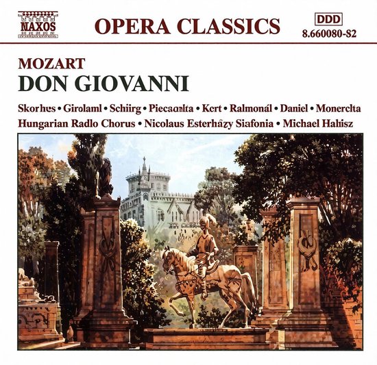Naxos cd-hoes voor Mozart's Don Giovanni, met een ruiter in een park voor een kasteel.