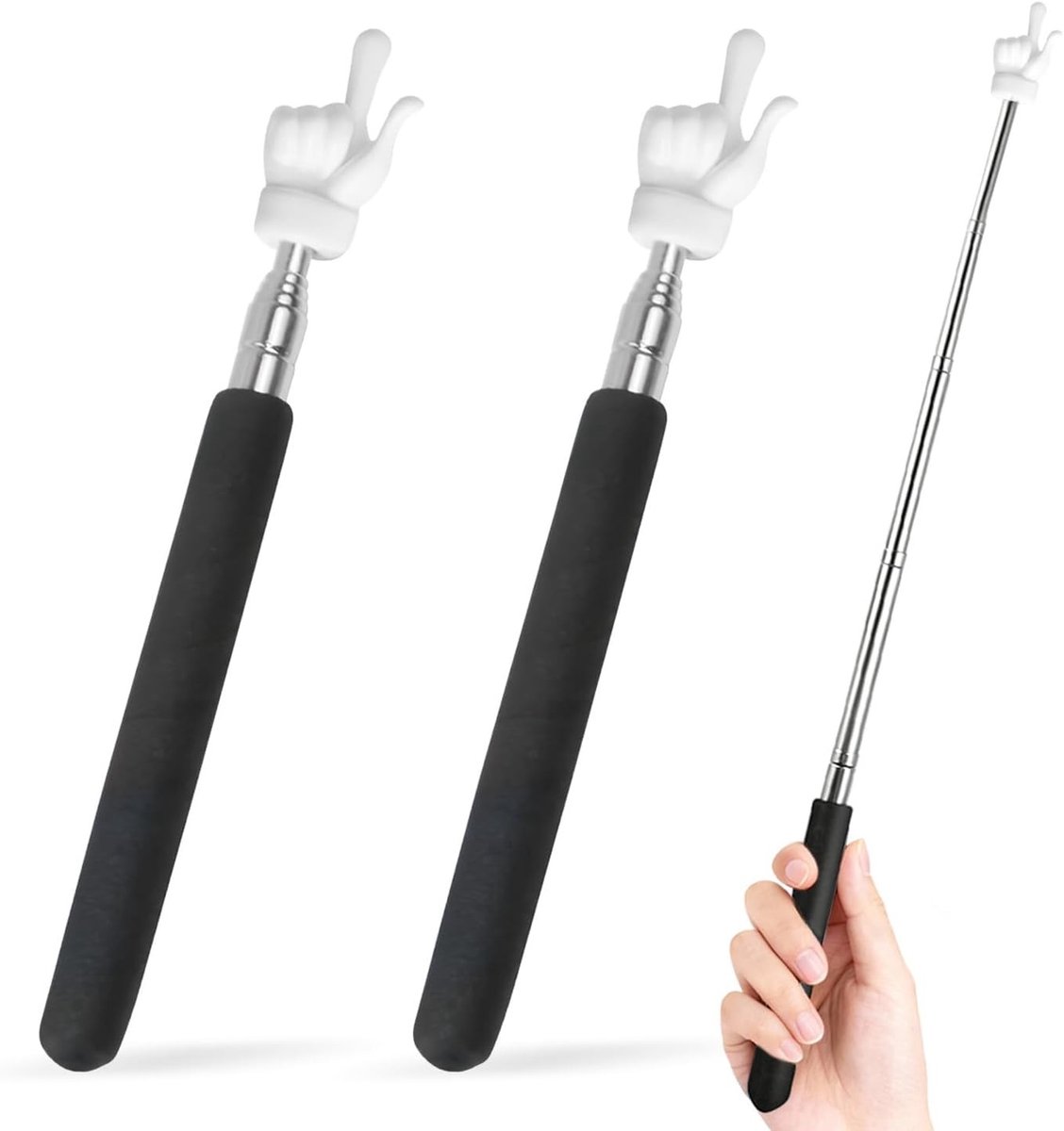 Verlengbare indexstokken, 2 stuks, vingerontwerp (17-55 cm), roestvrijstalen indexvinger voor lessen, conferenties en als cadeau voor docenten, ideaal voor presentaties en onderwijsactiviteiten