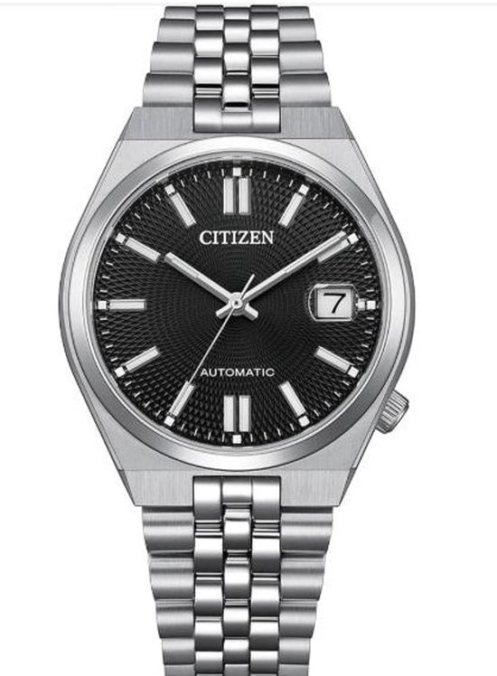 Zilverkleurig Citizen horloge met een zwarte wijzerplaat. Het horloge heeft een datumvenster en een automatische aandrijving.