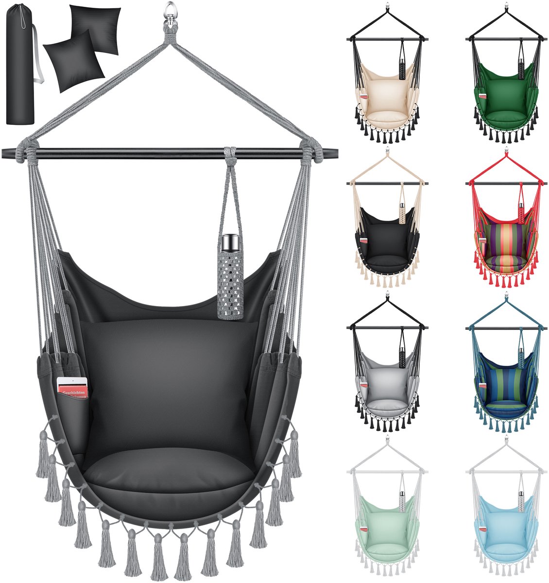 KESSER® Hangstoel Safari XXL - Met 2 kussens, bekerhouder en boekenvak - Tot 150 kg - Blauw/Wit