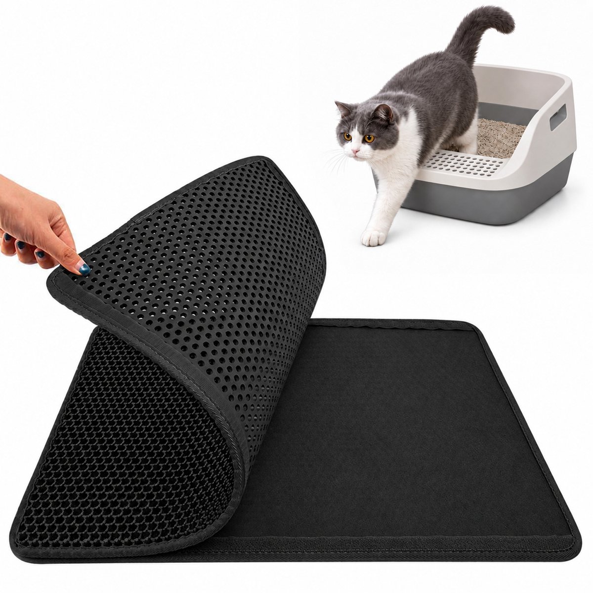 Kattenbakmat – Waterdicht – Dubbele Laag met Honingraatstructuur & Afneembare Klittenbandsluiting – Schoonloopmat voor Alle Kattenbakken & Strooiselsoorten – Wasbaar – Voor Katteneigenaren – Zwart – 45 × 60 cm – 1 Stuk