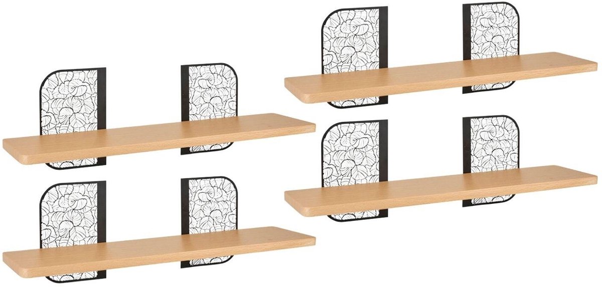 Ostaria Wandplank Hugo - 4x - hout/metaal - zwart/bruin - 55 cm - boekenplank - hangplank