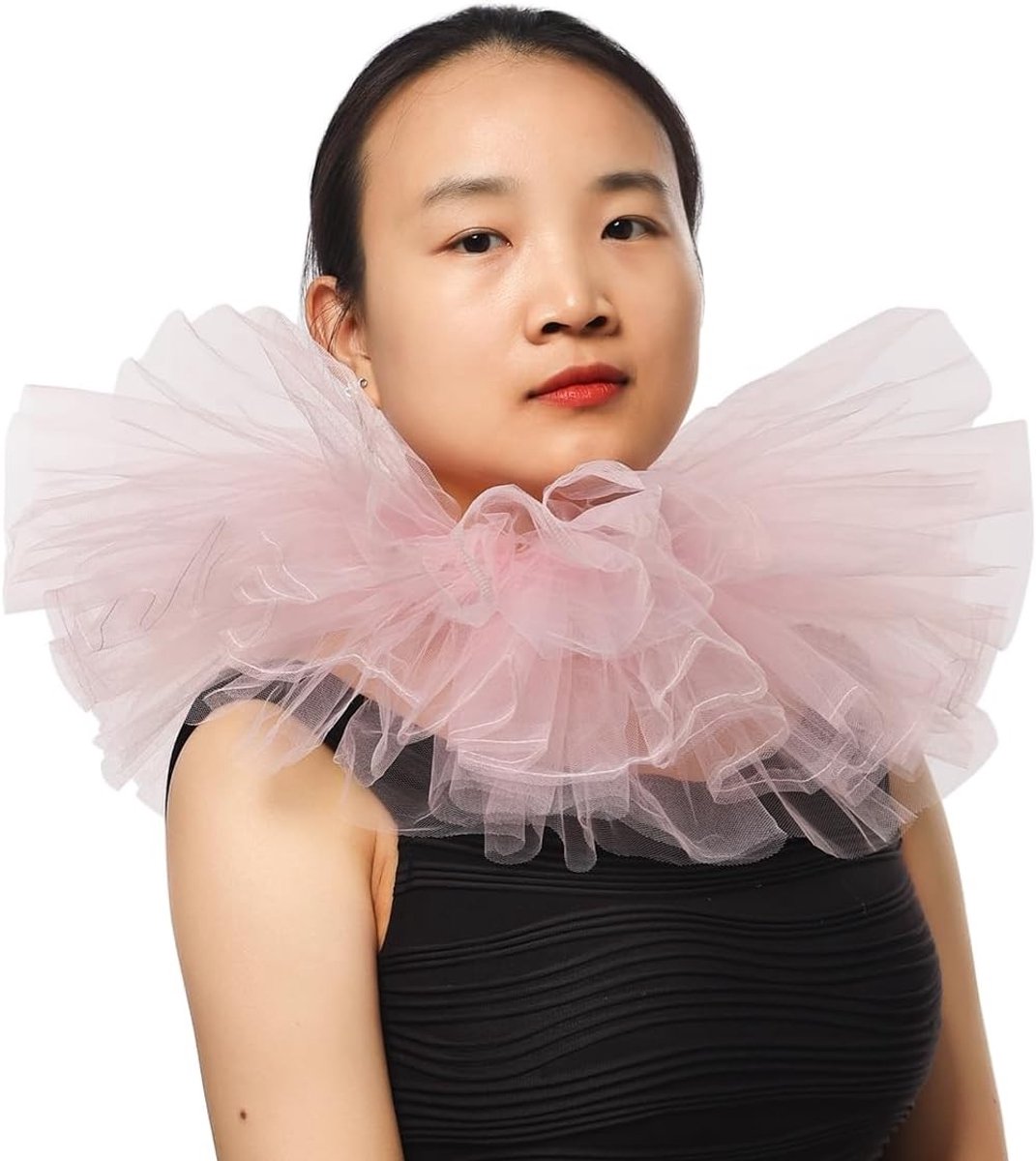 Victoriaanse Tulle Ruffle Kraag voor Renaissance Kostuum - Gelaagde Clown Kraag in Roze, One Size, Feestkleding