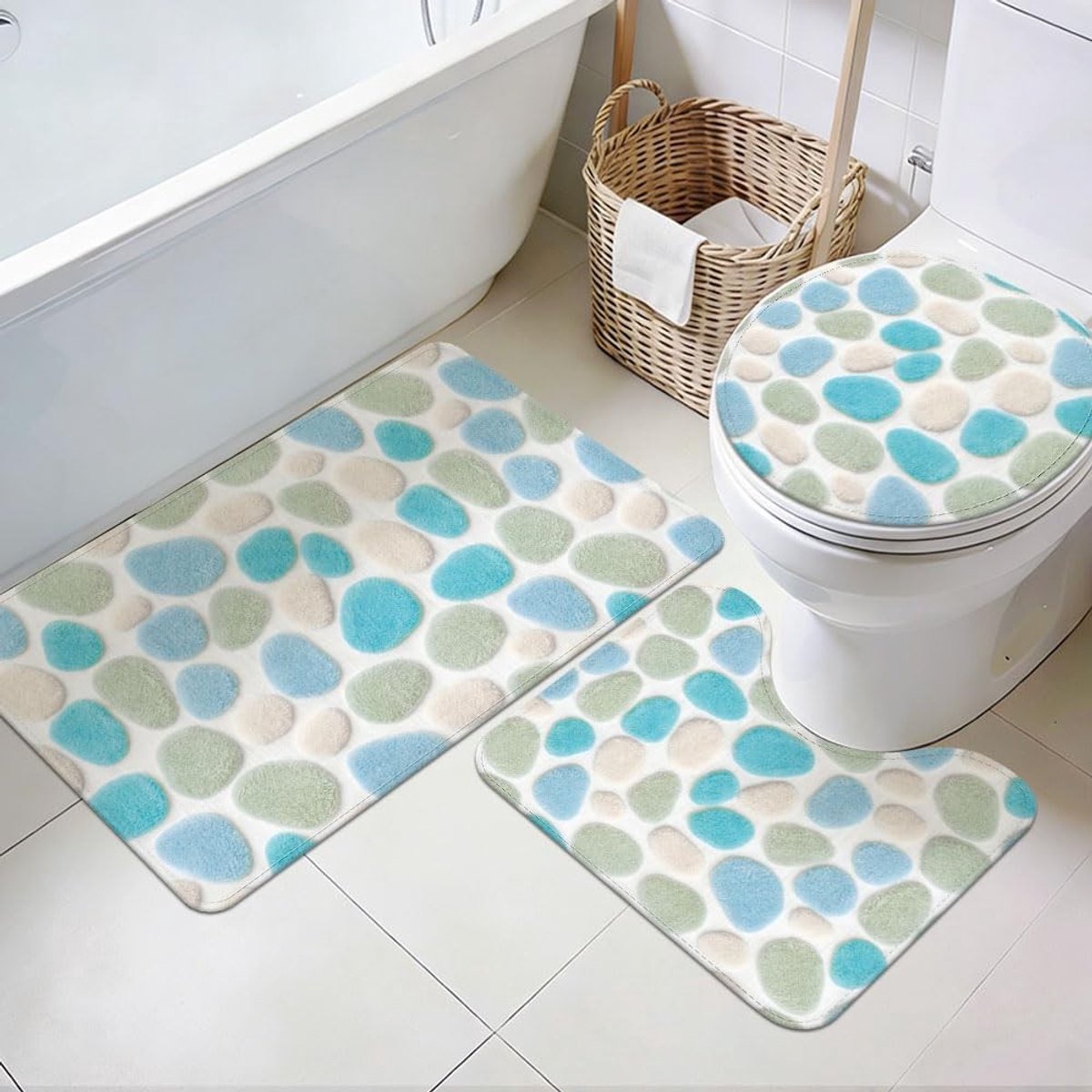 Set van 3 wasbare badmatten met wc-dekselhoes, waterabsorberend en antislip, ideaal voor badkamer en keuken