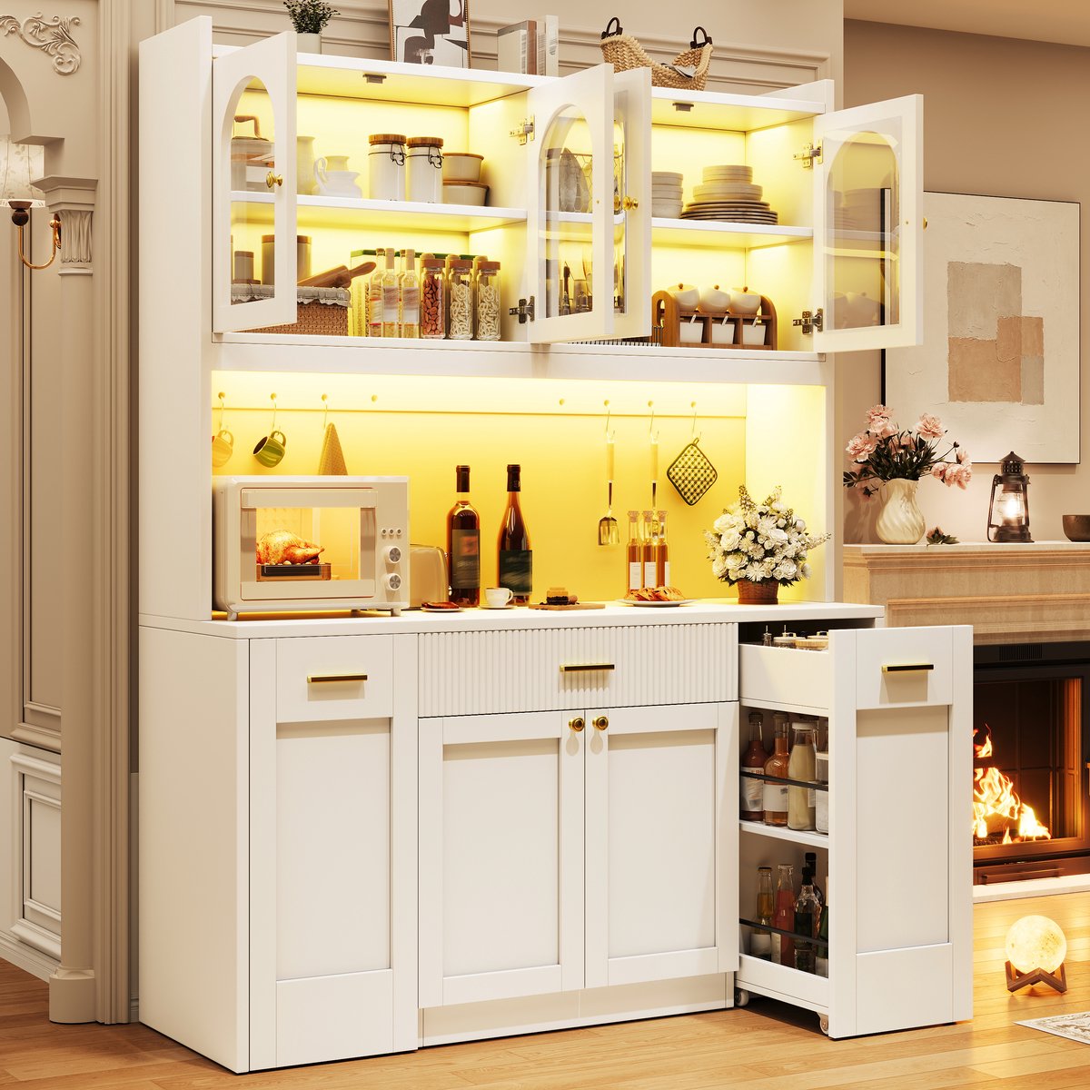 Keukenkast Hoge Kast Met Rgb Led En App Bediening Met Glasvitrines Lades En Uittrekbare Zijladen Voor Keuken Wit 120 Cm