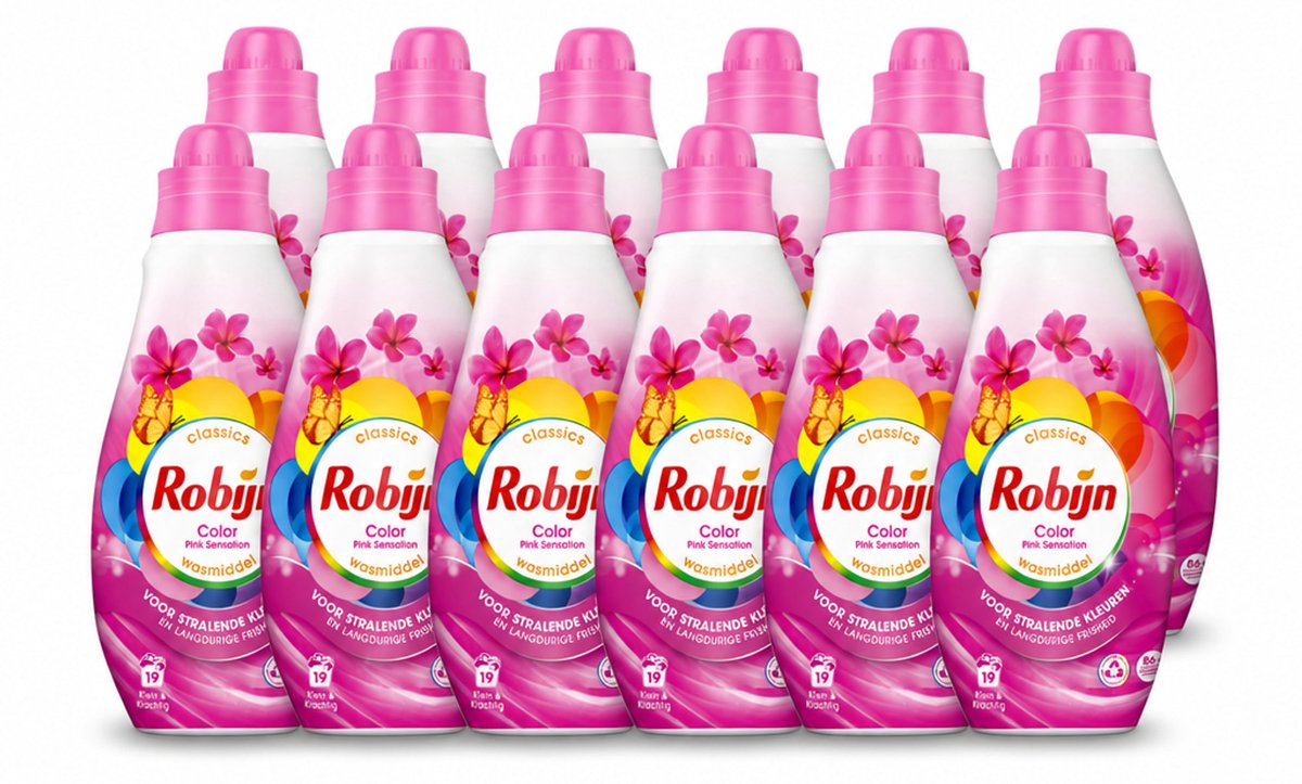 12 x Robijn - Klein & Krachtig Classics Color Pink Sensation - Vloeibaar Wasmiddel - 19 Wasbeurten - Voordeelverpakking - 12 stuks