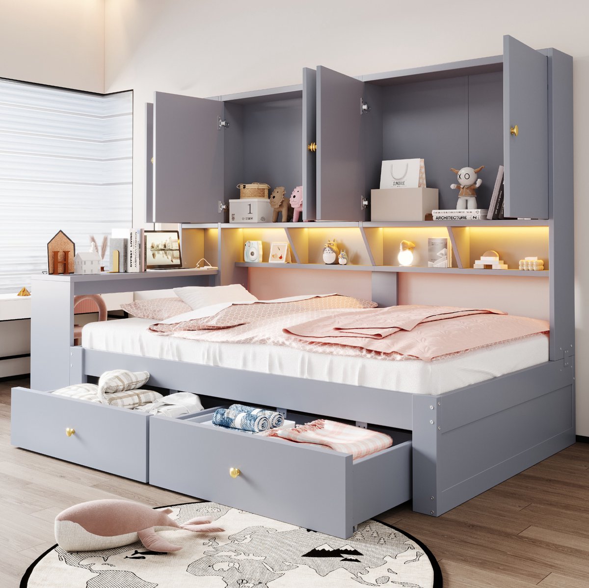 OKWISH Multifunctioneel Bed 90x200cm Grijs - Met Inbouw Bureau, Kasten, Lades en LED-Verlichting - Normaal Bed