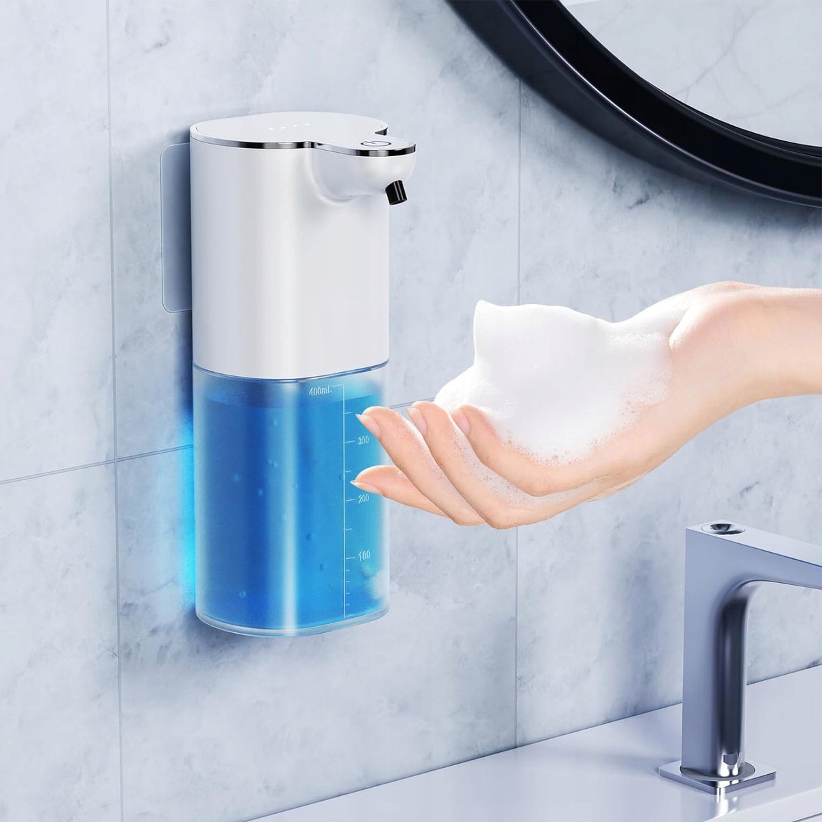 Automatische Zeepdispenser - Foaming Soap Dispenser - Contactloze Zeeppompje - 400ml - met Infraroodsensor - IPX5 Waterdicht - 4 Standen - USB-C - Wandmontage & Vrijstaand - Voor Badkamer & Keuken & Kantoor - Wit