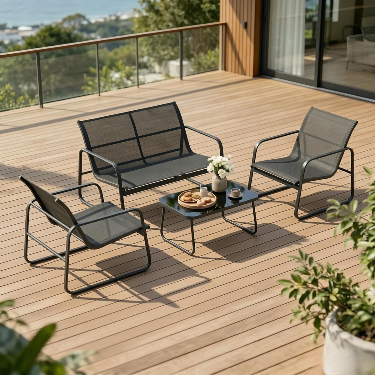 REDOM - Tuinset - 4-delig - Gepoedercoat stalen frame - Gehard glazen tafelblad - Moderne stijl - Terras en tuin - Staal en gehard glas - Zwart en donkergrijs - 112 x 73 x 74 cm