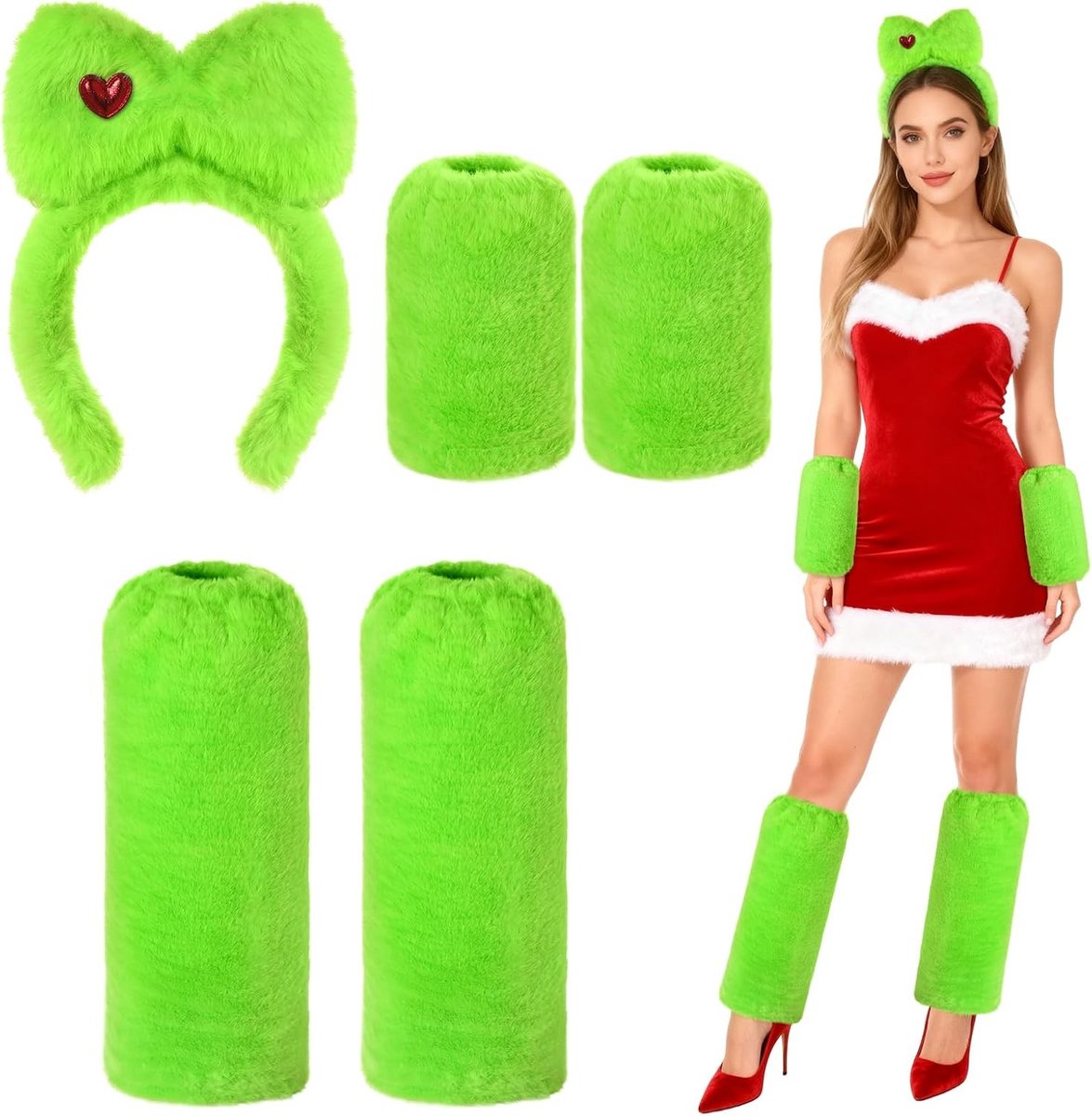 Kerstkostuum met Groene Haaraccessoires, Beenwarmers, Handschoenen en Hoofdband voor Cosplay en Feestjes