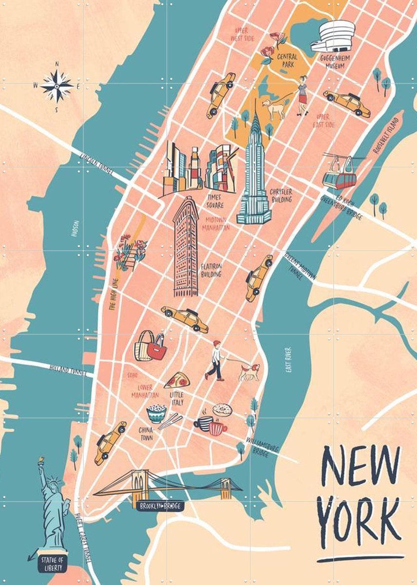 IXXI New York Illustration, Revista Ontwerp & Kunst in Kaart - 100 x 140 cm - Gratis ophangtool - Grote wanddecoratie en posters - Speels, Kleurrijk
