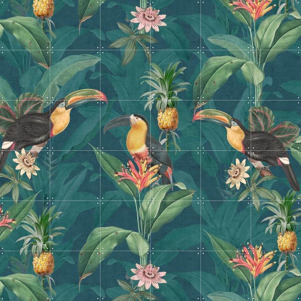 IXXI Tropical vintage toucan and pineapples, Bloomery Decor - 120 x 120 cm - Gratis ophangtool - Grote wanddecoratie en posters