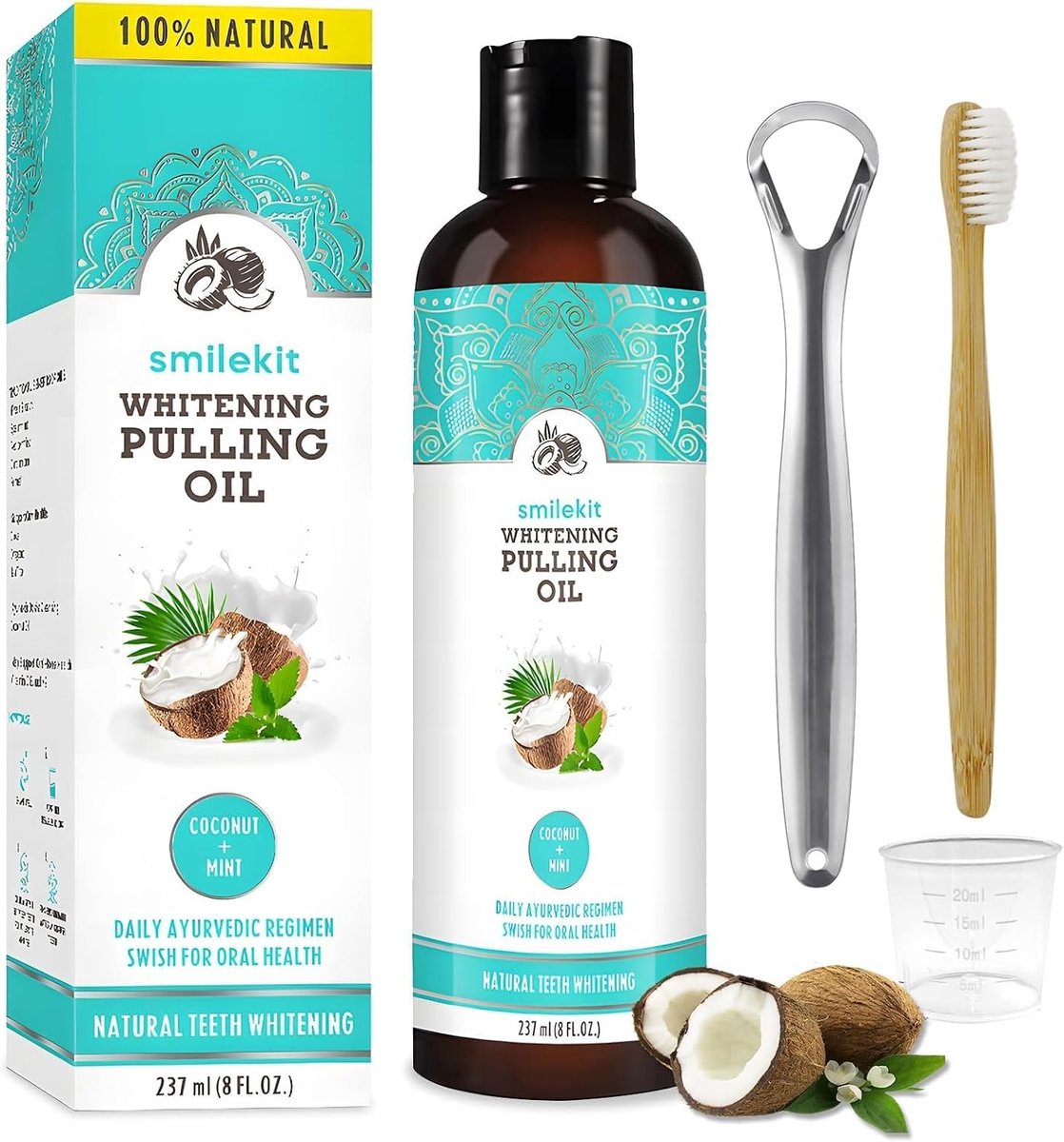 Natuurlijke mondspoeling met kokosnoot en pepermuntolie, inclusief tongschraper en bamboe tandenborstel voor frisse adem en tandverzorging, 240 ml