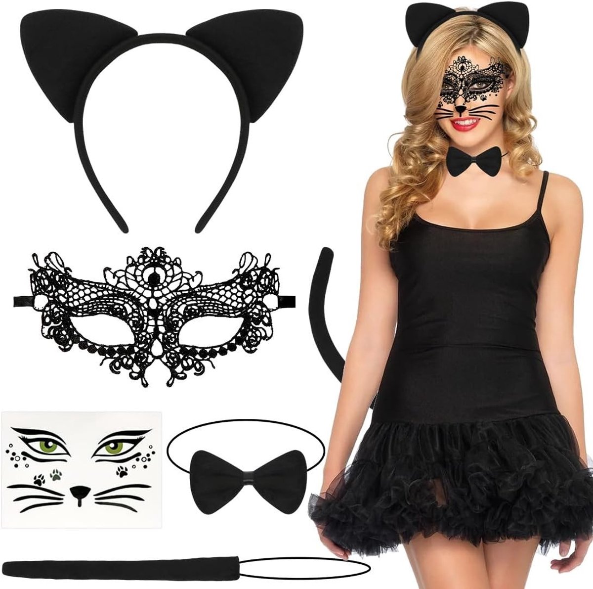 Halloween Kostuum voor Dames, Set met Kattenoren, Staart, Strik en Venetiaans Masker voor Cosplay en Feestjes