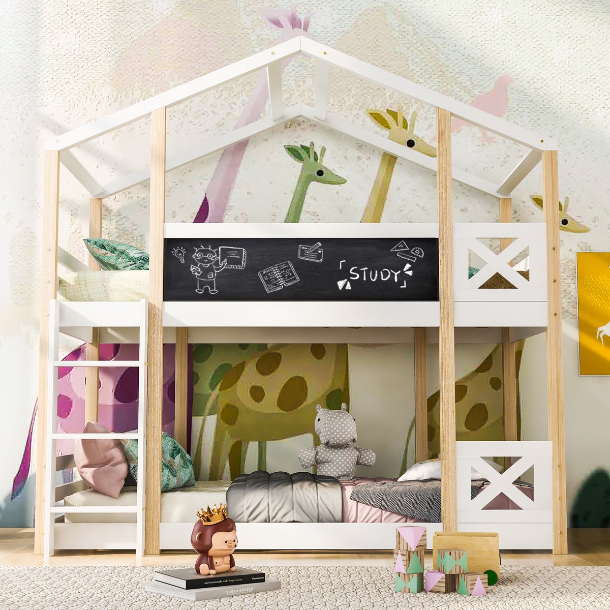 COVREO Hoogslaper met ladder – 90x200 cm – Kinderbed met krijtbord en lattenrost – boomhuisbed voor 2 kinderen – Wit - zonder matras